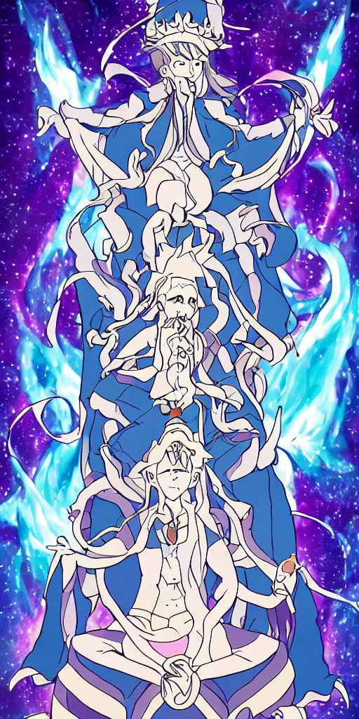 Image similar to a spiritual guru sitting on a throne of ice drawn by studio trigger, in the style of Little Witch Academia, spiritual enlightenment, tarot card