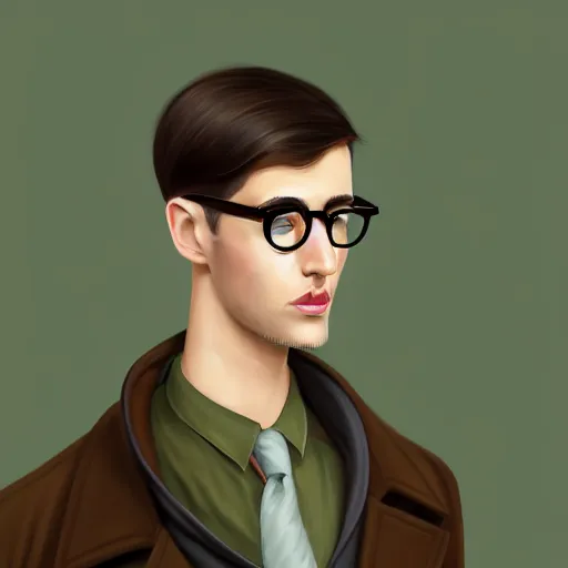 Prompt: brunette man with very short hair, round face, romanian, glasses, romanian heritage, brown eyes, olive skin, round nose, round chin, wide face, thin lips, , digital art, painterly, cartoon, cute, 8k, illustration, art by loish, painterly, trending on artstation, medium shot, uncropped