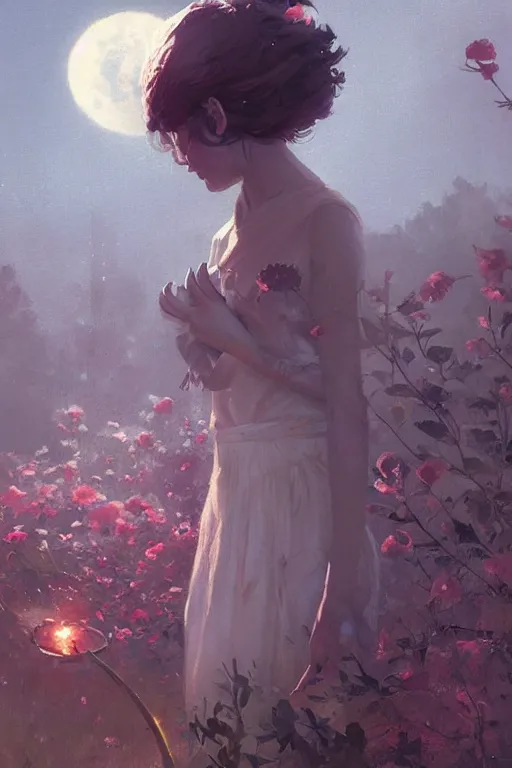 Image similar to a beautiful painting of garden, moon, girl, by greg rutkowski, trending on artstation