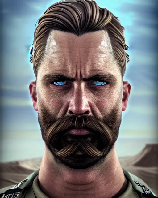 Image similar to portrait of muscular, tired and alcoholic 3 0 - year - old handsome man with short darkblonde hair, serious sad look in his eyes, dirty beard, blue eyes, wearing dirty soldier uniform, on the desert, hyper realistic face, beautiful eyes, character art, art by mark brooks, hyperdetailed, cryengine, trending on artstation, digital art