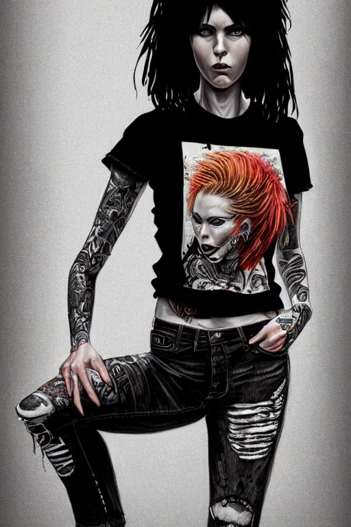 Image similar to fullbody potrait of punk rocker woman in street, woman is wearing t - shirt, hyper realistic, intricate, elegant, highly detailed, digital painting, artstation, concept art, matte, sharp focus art by boris vallejo and greg rutkowski, smooth, sharp focus, illustration