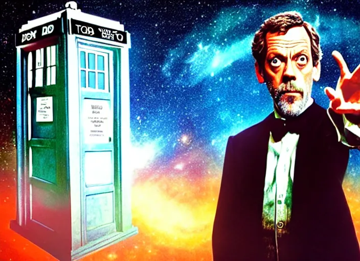 Image similar to product photo still of vhs cover of hugh laurie as doctor who in front of a nebula through the open door of the tardis printed on a vhs box on a table