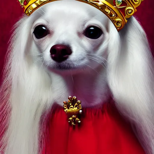 Image similar to long hair white chihuahua king wearing a red and gold crown cinematic composition, digital art, cute