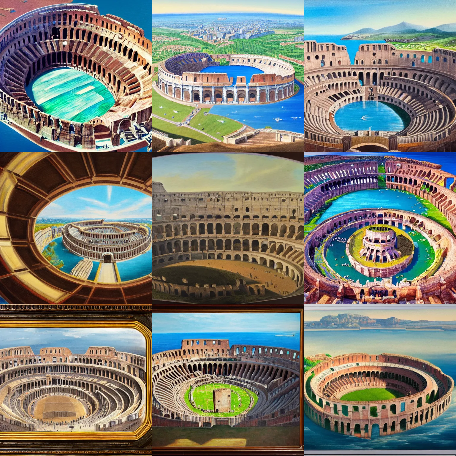 Prompt: a colosseum like arena with it's central part surrounded with water, view from the sky, detailed painting, 8 k,