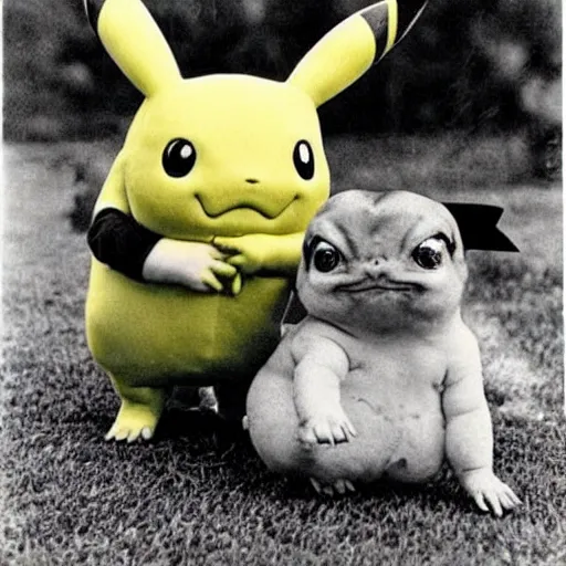 Prompt: Bubasaur and Pikachu pose for a photo, circa 1984, vintage