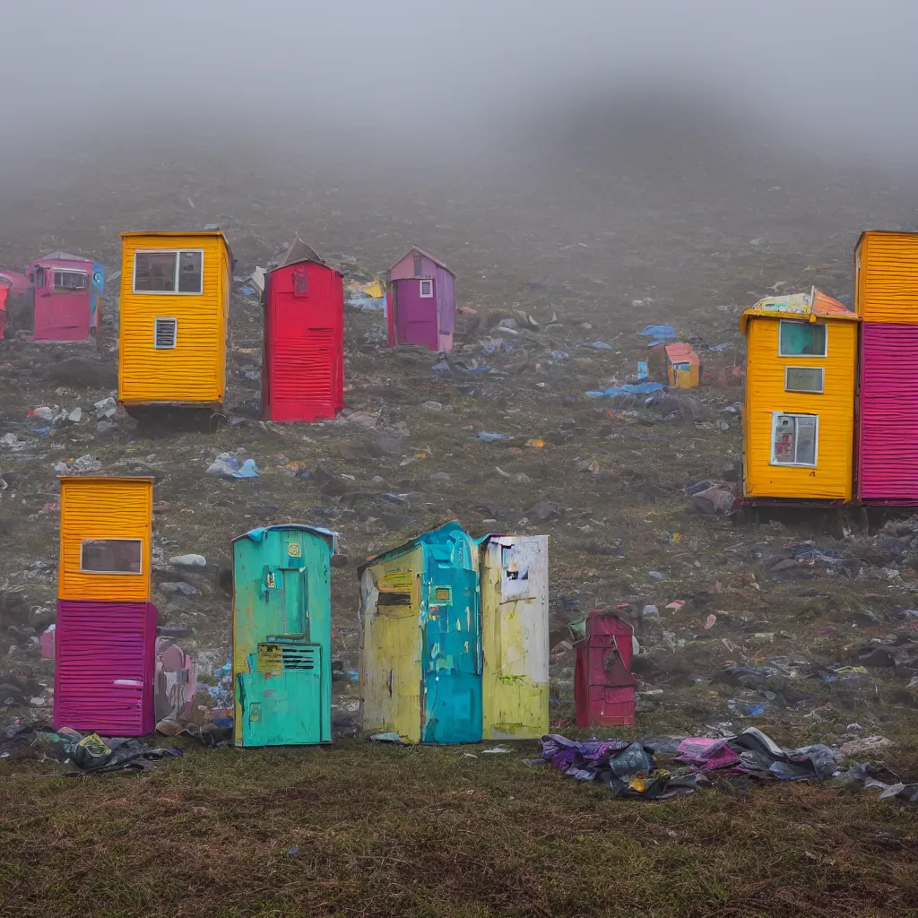 Image similar to two towers, made up of colourful makeshift squatter shacks, uneven fog, dystopia, sony a 7 r 3, f 1 1, fully frontal view, photographed by jeanette hagglund