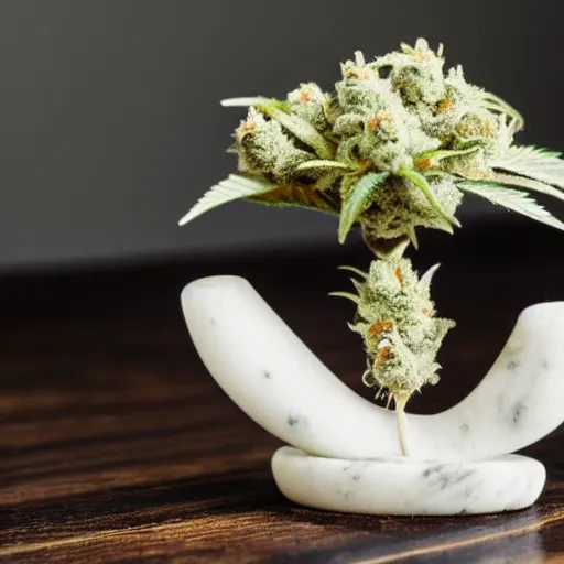 Prompt: A cannabis plant, made of marble and displayed as art