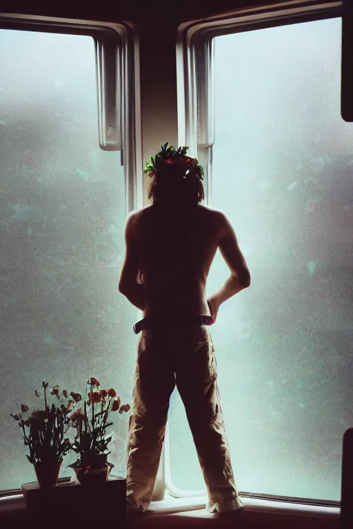 Image similar to kodak portra 1 6 0 photograph of a skinny guy standing in a spaceship, window, flower crown, back view, moody lighting, moody vibe, telephoto, 9 0 s vibe, blurry background, tranquil, calm, faded!,