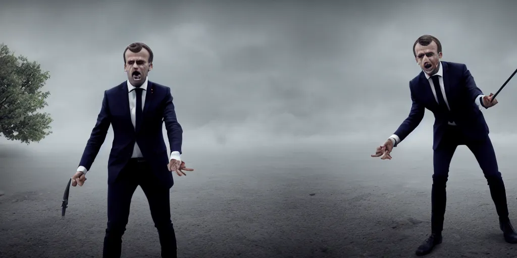 Prompt: emmanuel macron fighting demons all alone, natural lighting, realistic, cinematic, close shot, stolen footage, octane render