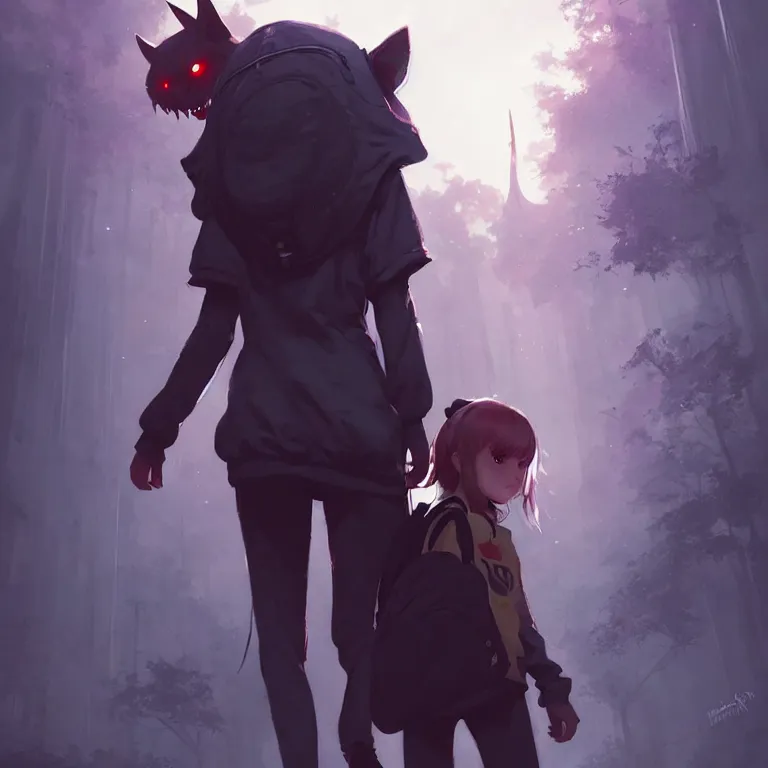 Prompt: cute young girl, wearing oversized hoodie, backpack, holding hands with a towering demonic beast, apocalyptic setting, bokeh, sharp focus, character art, illustration, digital painting, trending on artstation, by masamune shirow, by greg rutkowski.