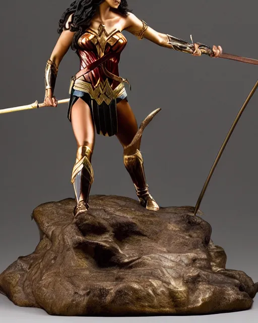 Image similar to a beautiful bronze statue of wonder woman, holding her spear and shield versus the minotaur, photorealistic, atmospheric