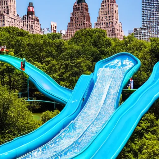 Image similar to highly detailed photo of a large water park with numerous slides and water rides inside of central park. the new york city skyline is shown in the background.