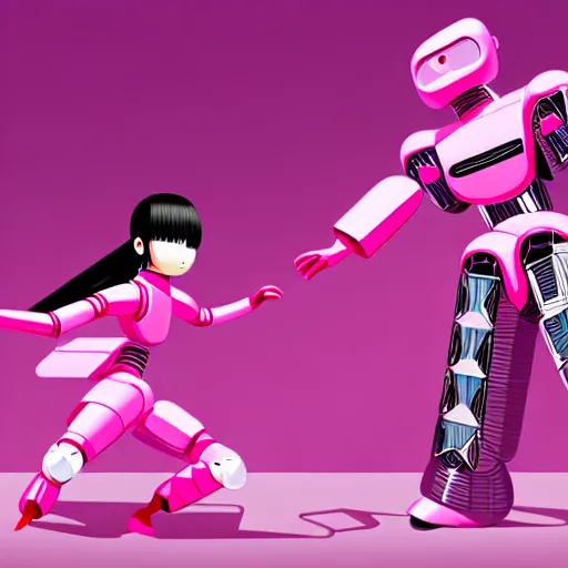 Image similar to a japanese woman battles pink robots, illustrated, detailed, 4 k