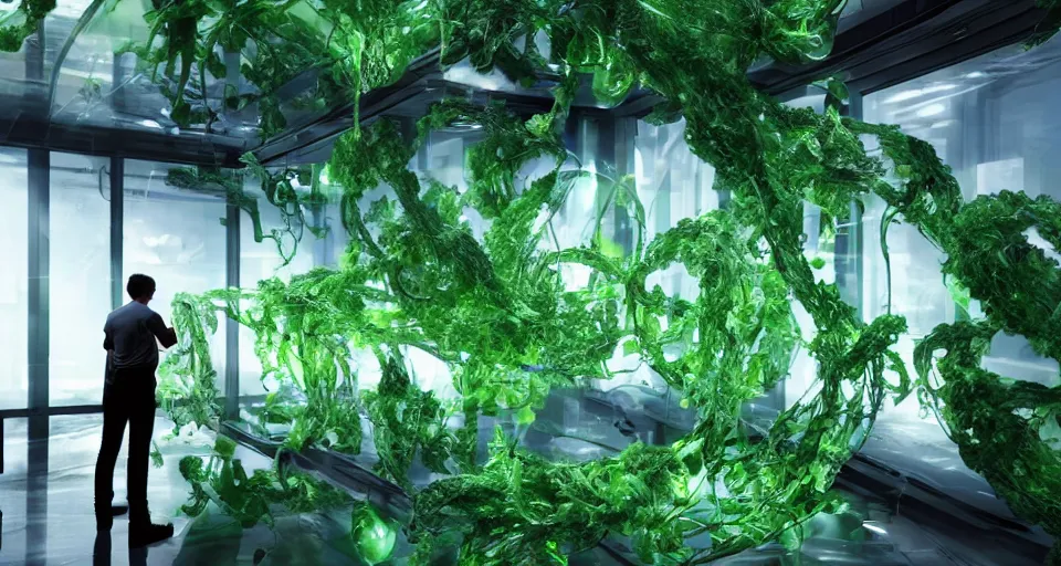 Image similar to a 1 8 mm photo of a scientist looking at a wall of green transparent bio - mechanical pods with different species of creatures inside, 4 k, unreal engine, concept art, matte painting, cosmic horror, nightmare,