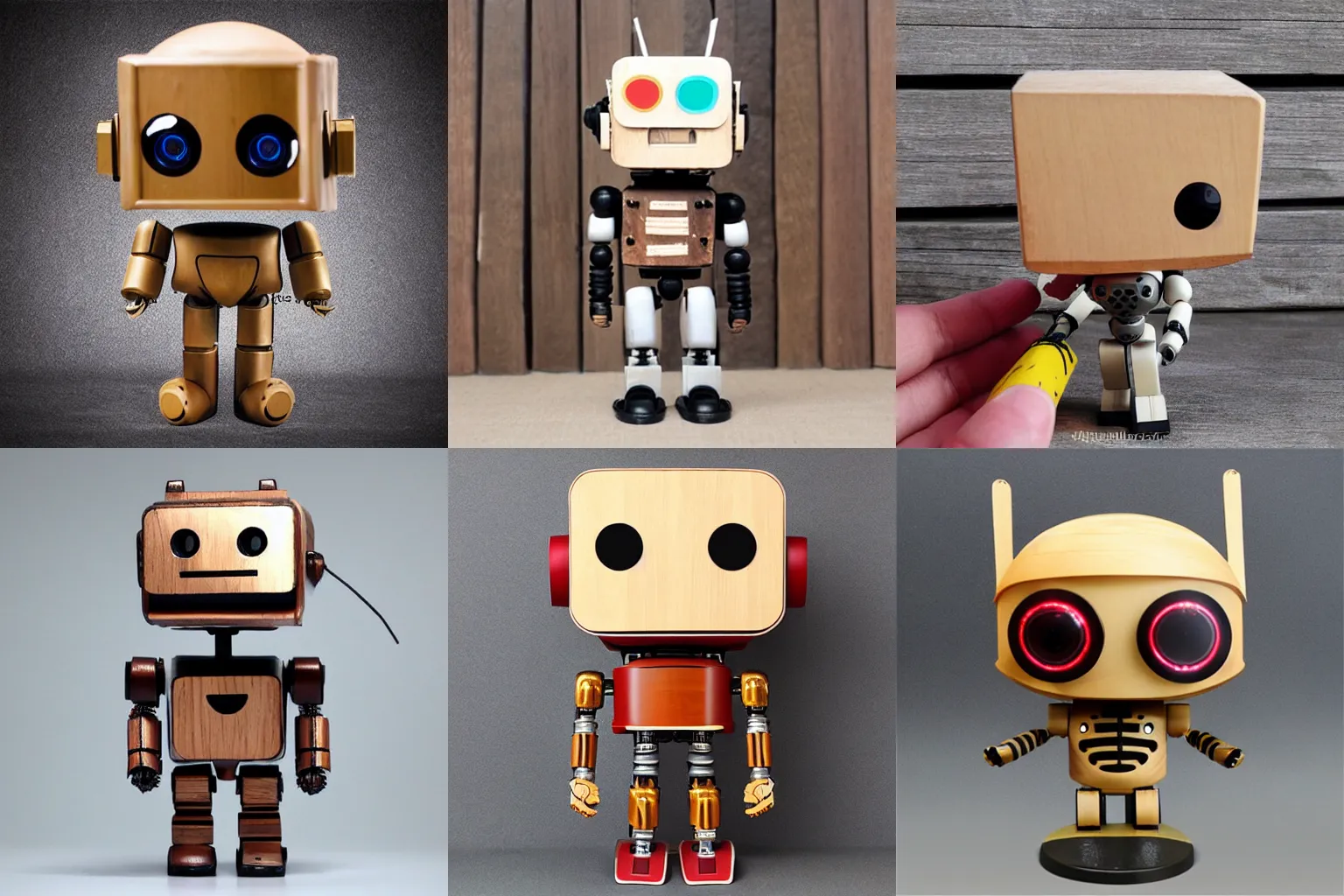 Prompt: realistic a wooden sculpture art toys collectible very cute android robot mascot as a pop collectible figure cyberpunk