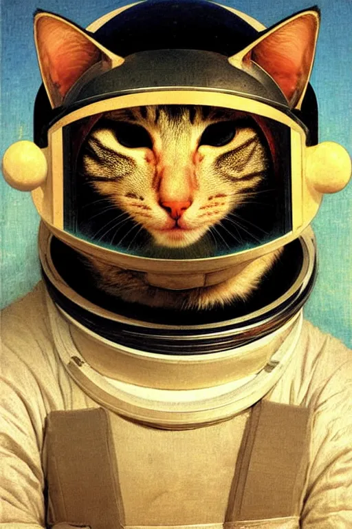 Prompt: portrait of a cat astronaut in samurai helmets an ancient human species, single person, by bouguereau