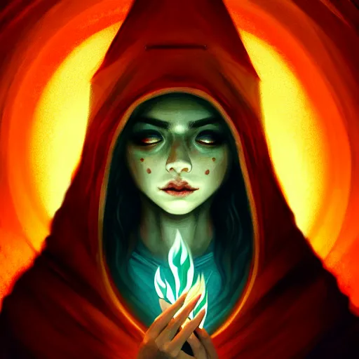 Image similar to ( a priestess with a hood that covers half her face carries an incense burner that emits a pleasantly colored flame. ) by anato finnstark, dream, full body portrait, dynamic lighting, beautiful, trending on artstation, wallpaper, 4 k, award winning, digital art, very detailed faces