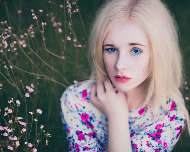 Image similar to pale beautiful young woman with bright blonde hair, freckles, blue eyes and a wide face, flowery dress, using a dslr camera, dramatic, art by anna nikonova