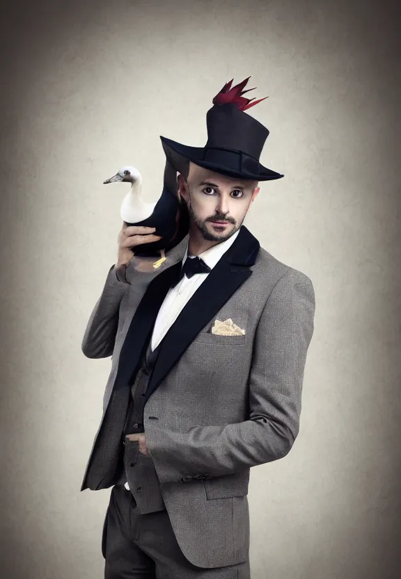 Image similar to gentleman goose bird in hat and suit and tie, rich, noble, 33 years old, lucky, beautiful, portrait photography, hd, hdr, 4k avatar, ultra detailed