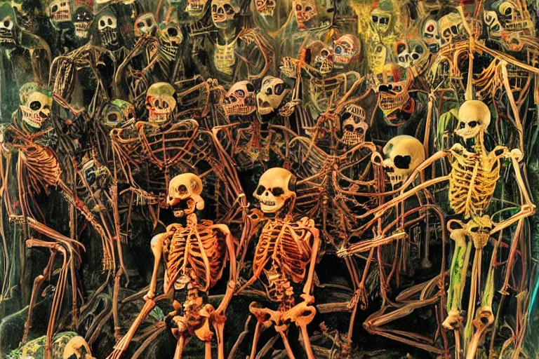 Prompt: scene from apocalypse now, day of the dead, cyber skeleton, neon painting by otto dix