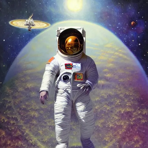 Prompt: realistic detailed view astronaut in space with flower crown by terance james bond, russell chatham, greg olsen, thomas cole, james e reynolds, photorealistic, fairytale, art nouveau, illustration, concept design, storybook layout, story board format