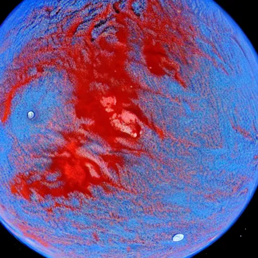 Prompt: a picture of an alien planet, taken from orbit, dark blue planet, red narrow lava rivers, astrophotography