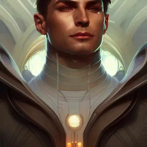 Prompt: futuristic male priest, sci-fi, fantasy, intricate, elegant, serious, highly detailed, digital painting, artstation, concept art, smooth, sharp focus, illustration, art by artgerm and greg rutkowski and alphonse mucha