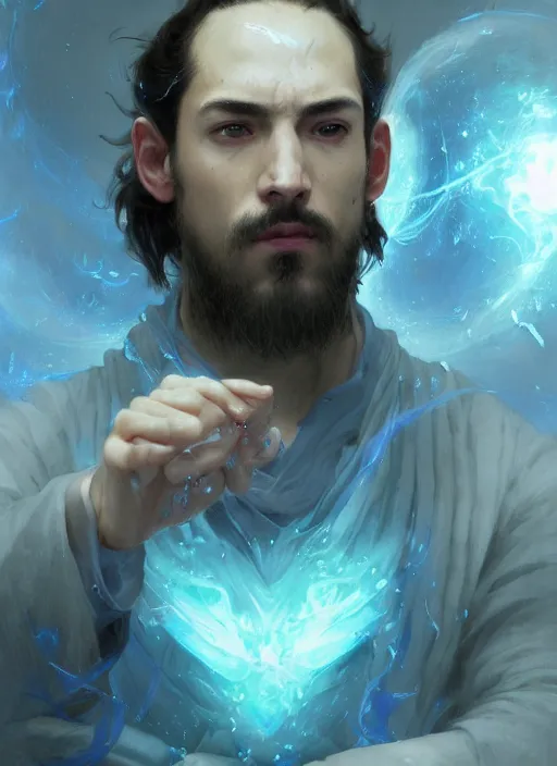 Prompt: character concept portrait of an attractive young focused Spanish wizard with pale blue enchanting a bubbling seduction spell, a floating wet spell book in the center, intricate, elegant, digital painting, concept art, smooth, sharp focus, illustration, from Metal Gear, by Ruan Jia and Mandy Jurgens and William-Adolphe Bouguereau, Artgerm