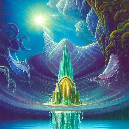 Image similar to gilbert williams portrait of a crystal temple in atlantis, iridescent dolphins swimming in the sea, unicorn flying in the sky, paleozoic anima flying in the sky,