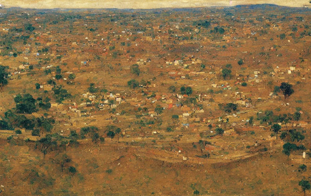 Prompt: walled town of abeokuta in nigeria from above, surrounded by a tall 18mile long wall, 1885, bright colors oil on canvas, by Ilya Repin