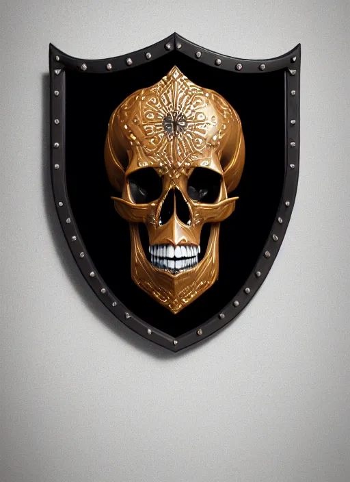 Image similar to black background, a beautiful symmetrical skull on a wooden shield, front facing view, mirrored, ornamental art, octane render, royal shield