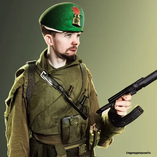 Image similar to jacksepticeye as a irish soldier, highly detailed, cinematic lighting photorealistic