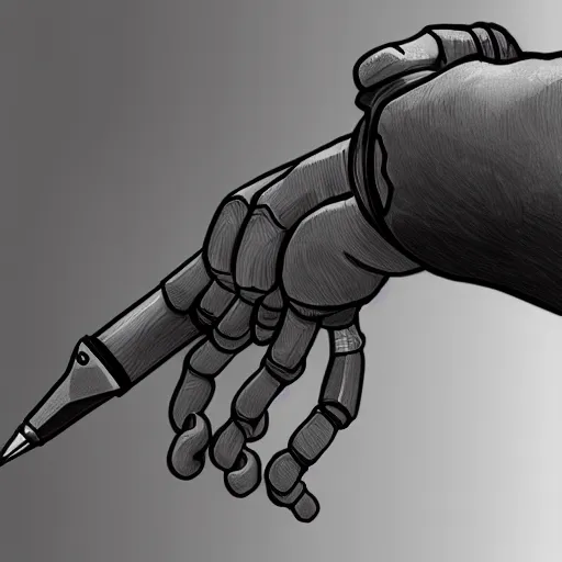 Prompt: robotic hand holding a pencil, artstation, digital art, top view