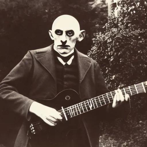 Image similar to vintage photograph of count orlok outside his castle, playing the blues on guitar, castle in the background, 4 k