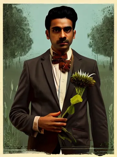 Prompt: artwork by Enjolras Delphin, of a solo individual portrait of an Indian guy with lilies, dapper, simple illustration, domestic, nostalgic, full of details, Matte painting, trending on artstation and unreal engine