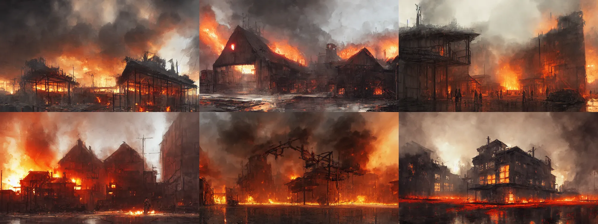 Prompt: warehouse buildings set on fire, papyrus, watercolored, jakub rozalski, dark colours, dieselpunk, artstation