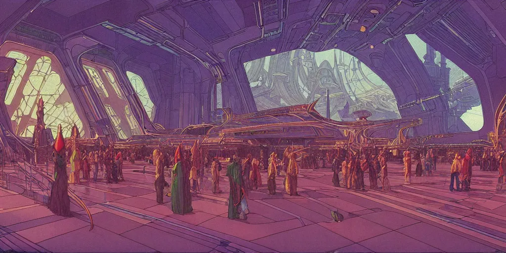 Image similar to cel shaded cinematic shot of the interior of a sci-fi space station with ornate Elven architecture bustling with people, epic castle, emerald, crystalline, detailed illustration, sharp focus, concept art by Moebius, Jean Giraud Moebius