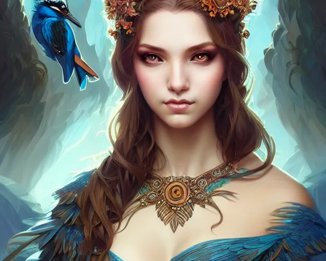 Image similar to eye makeup inspired by a kingfisher, deep focus, d & d, fantasy, intricate, elegant, highly detailed, digital painting, artstation, concept art, matte, sharp focus, illustration, hearthstone, art by artgerm and greg rutkowski and alphonse mucha