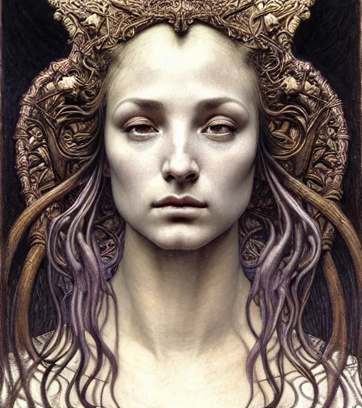 Image similar to detailed realistic beautiful young medieval sade face portrait by jean delville, gustave dore and marco mazzoni, art nouveau, symbolist, visionary, gothic, pre - raphaelite. horizontal symmetry by zdzisław beksinski, iris van herpen, raymond swanland and alphonse mucha. highly detailed, hyper - real, beautiful, fractal baroque