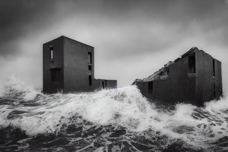 Image similar to high key lighting, ighting storm, danila tkachenko, photograph of an abandoned soviet building block in the middle of the ocean, big waves. dramatic lighting