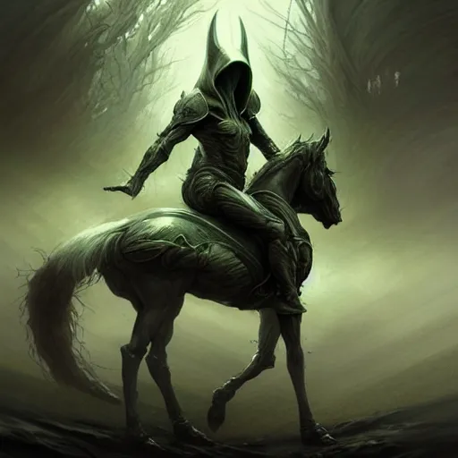 Image similar to concept art by artgerm, pestilence of the four horsemen of the apocalypse, soft green natural light, intricate, hooded death riding a horse, highly detailed dark art, digital painting, artstation, concept art, smooth, sharp focus, illustration, art by greg rutkowski and luis rollo and uang guangjian and gil elvgren, symmetry!