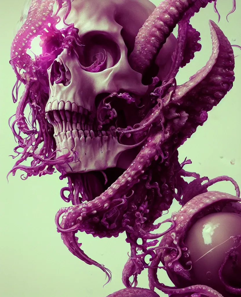 Image similar to goddess close - up portrait human skull, ram skull, squid phoenix jellyfish, orchid, betta fish, bioluminiscent, intricate artwork by tooth wu and wlop and beeple. octane render, trending on artstation, greg rutkowski very coherent symmetrical artwork. cinematic, hyper realism, high detail, octane render, 8 k