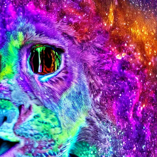 Prompt: a purple speckled lion - like creature, engulfed in twisting glowing iridescent alien flora, with strange rainbow alien flowers, dramatic, no margins, award - winning photography, realism