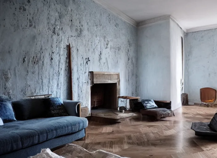 Image similar to Liminal space underwater, stucco walls, clean floors, maximalist, cosy