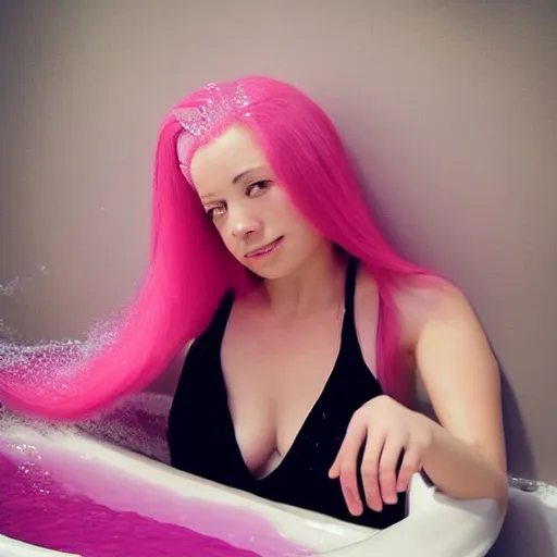 Image similar to “a woman called Berry with pink hair, taking a bubble bath”