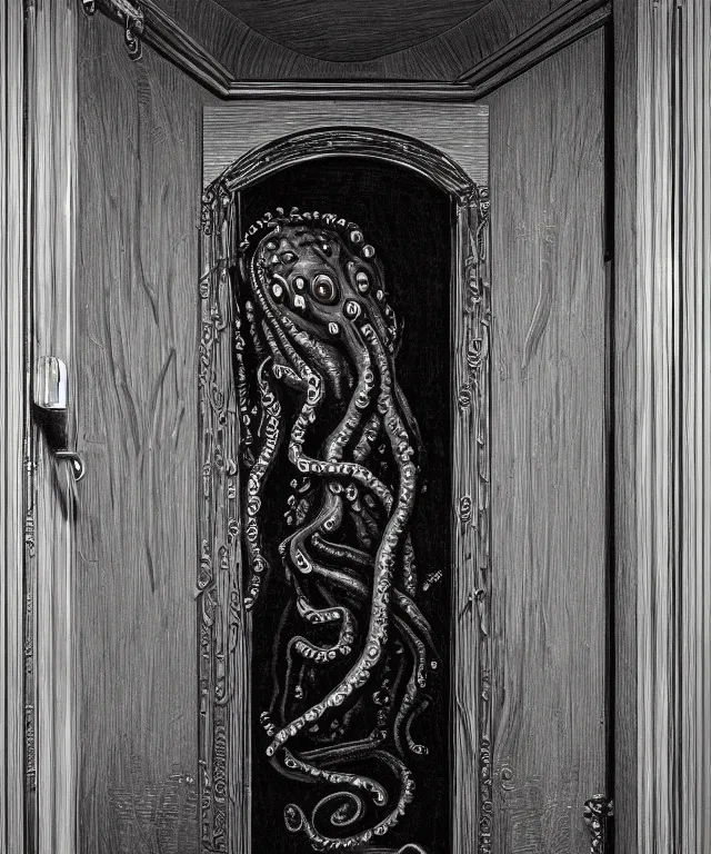 Prompt: horrifying photorealistic image of a 1 9 2 5 hotel elevator lobby, elevator doors look like a mouth, with a tentacle - shaped tongue, licking out, dark, atmospheric, brooding, smooth, finely detailed, cinematic, epic, lovecraft, in the style of lee gibbons