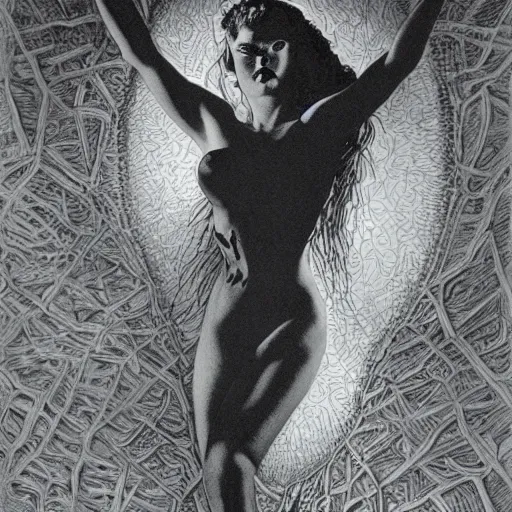 Image similar to a hyperrealistic portrait painting of a beautiful female vampire, by virgil finlay, highly detailed,