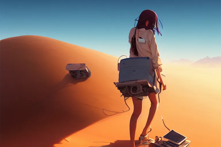 Image similar to computer programmer lost in the desert, dragging a broken computer, single subject, mountaineous background, scenic full shot, ambient lighting, detailed face, by makoto shinkai, stanley artgerm lau, wlop, rossdraws