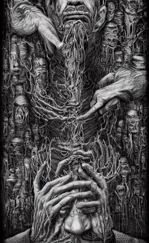 Prompt: lovecraftian mr rogers breaking into our reality by wayne barlow, stanley donwood, anton semenov, zdzislaw bekinski, hr giger, 8 k, fantasy, dark, highly detailed