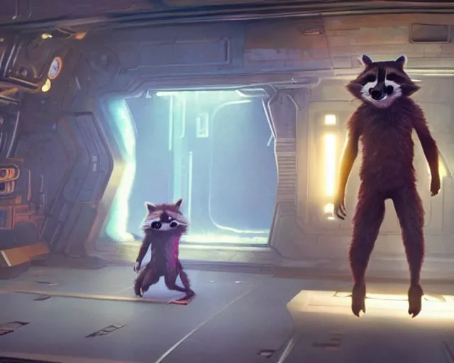 Prompt: film still of rocket the raccoon standing in the hallway of a space ship from guardians of the galaxy, confident action pose, craig mullins, octane